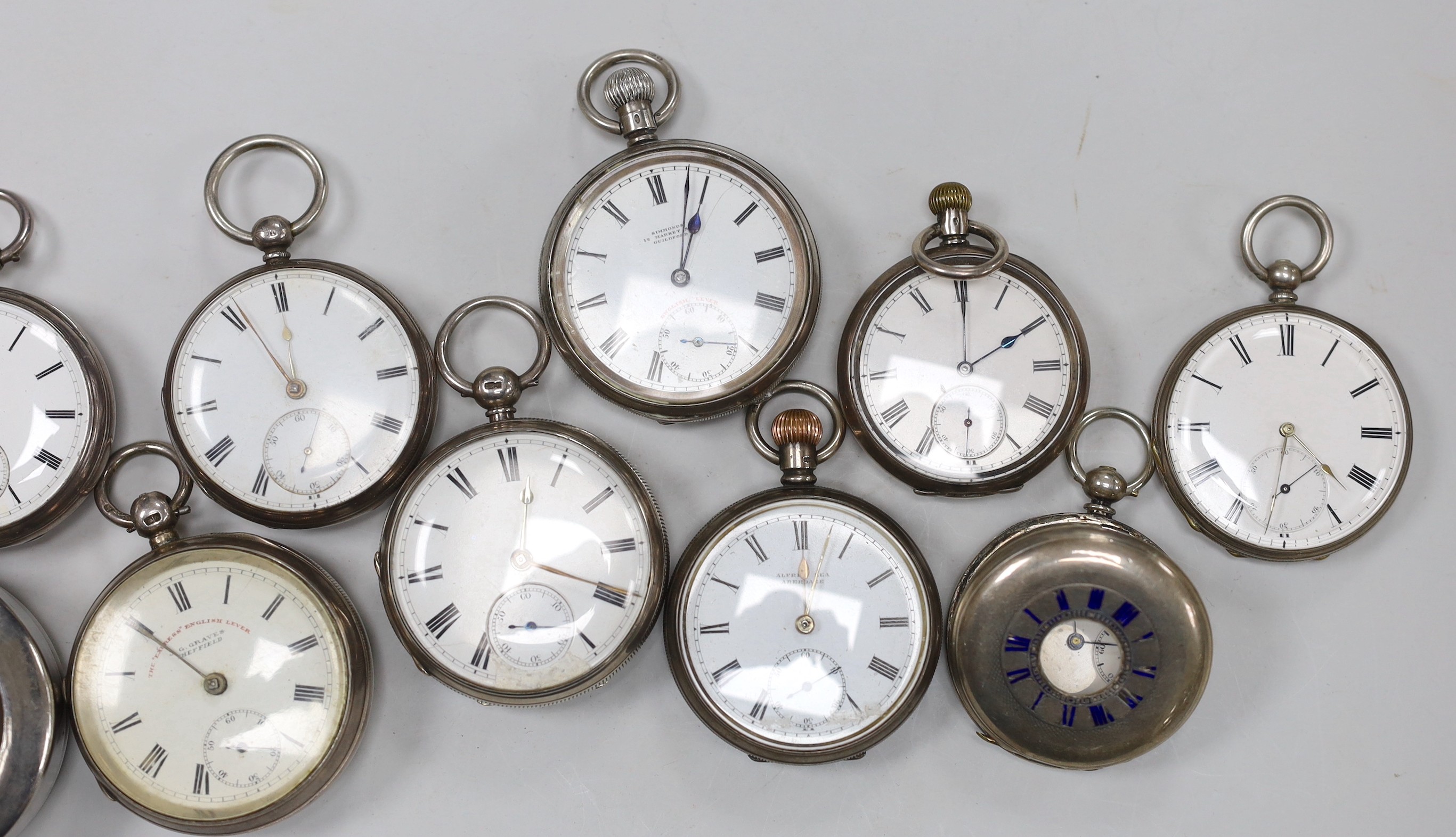 Eleven assorted Victorian and later silver or white metal pocket watches, including The Defiance English Lever, retailed by Graves of Sheffield and Joseph Taylor of Pontefract.